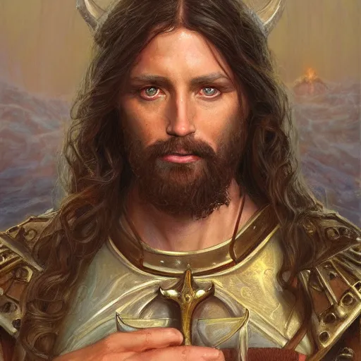 Prompt: Jesus Christ as a fantasy D&D character, portrait art by Donato Giancola and James Gurney, digital art, trending on artstation