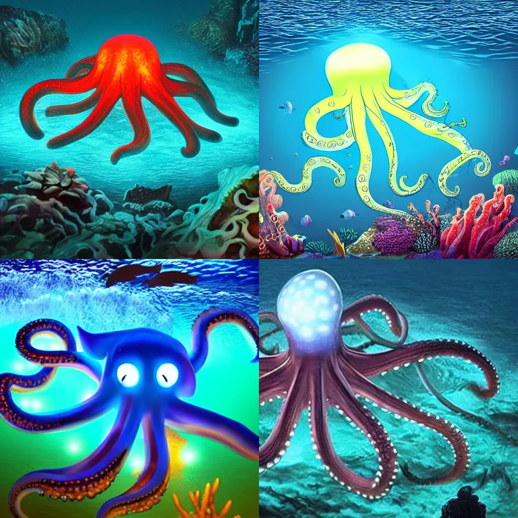 Prompt: giant glowing octopus in the deep of the ocean, realistic