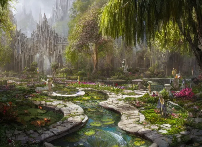 Image similar to a wide open courtyard in a beautiful elven city made of ivory and silver, vivid colors, lush trees, flowers, ponds, fountain, subsurface scattering, volumetric lighting, low angle shot, concept art, fantasy digital painting by James Gurney, by Greg Rutkowski, trending on Artstation, highly detailed