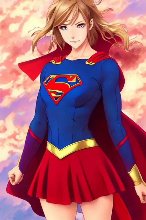 Image similar to anime key visual of a beautiful female supergirl!! intricate, red, blue gold suit, powers, speed, dc comics, cinematic, stunning, highly detailed, digital painting, artstation, smooth, hard focus, illustration, art by artgerm and greg rutkowski and alphonse mucha