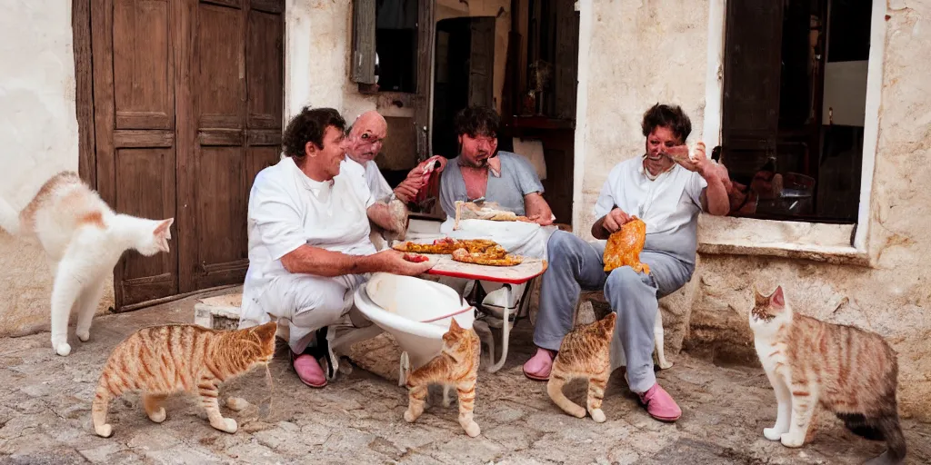 Prompt: cats sharing their mortadella with owner at a trullo house, photoreal, 3 5 mm, award winning photography