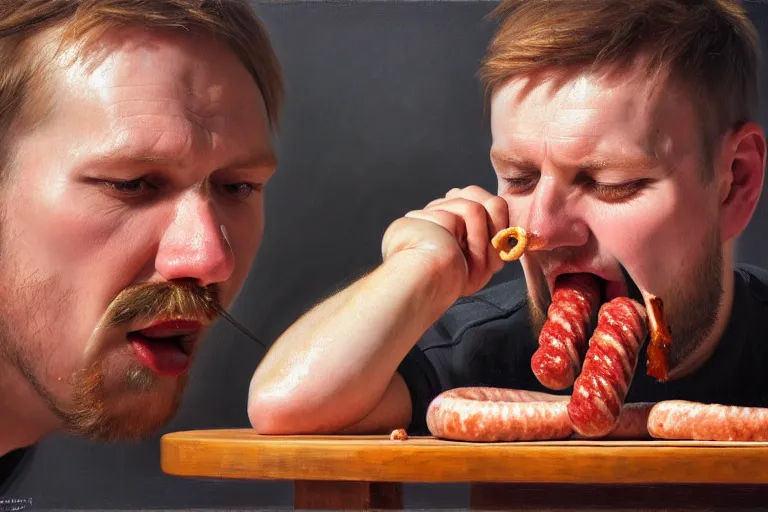 Image similar to ( ( a beautiful 8 k photorealistic masterpiece oil painting ) ( of ( a finnish man eating a sausage in seinajoki ) ) ) ( hyperrealism ) ( 1 6 k ) ( trending on artstation )