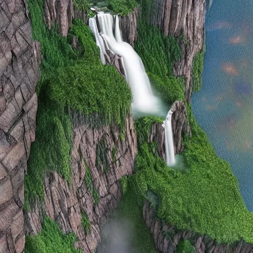 Prompt: photorealistic fantasy digital art depicting a very - distant aerial view of the world's tallest waterfall. the waterfall emerges from a cliff at the peak of the world's tallest mountain, and it falls to the base of the mountain into a lake. the waterfall is unbelievably tall, and the mountain is extremely steep and narrow. there is a city surrounding the lake.