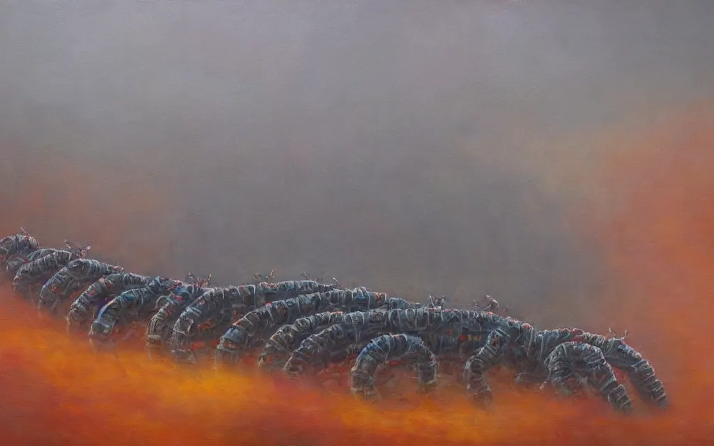 Image similar to giant robot centipede wandering across a foggy landscape, award winning oil painting, iridescent