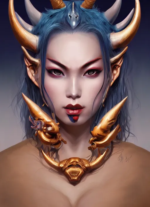 Image similar to a beautiful detailed oil on copper art illustration of a japanese blue devil mask devil woman, centered, by charlie bowater, zeng fanzh, trending on artstation, dim dusk lighting, cinematic lighting, detailed lighting, volumetric lighting, realistic, f 8, 4 k hd wallpaper