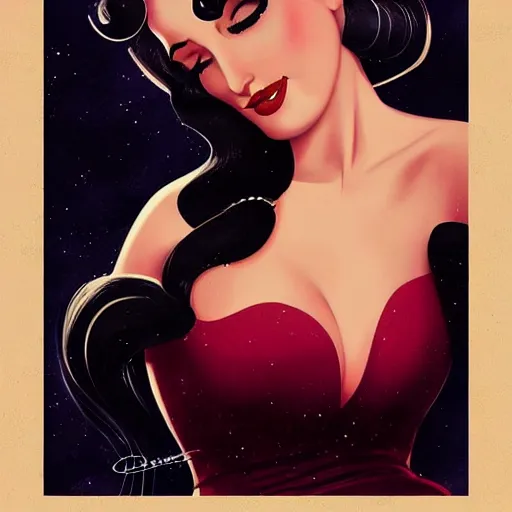 Image similar to a pinup illustration of dita von teese in the style of anna dittmann and in the style of alex ross.