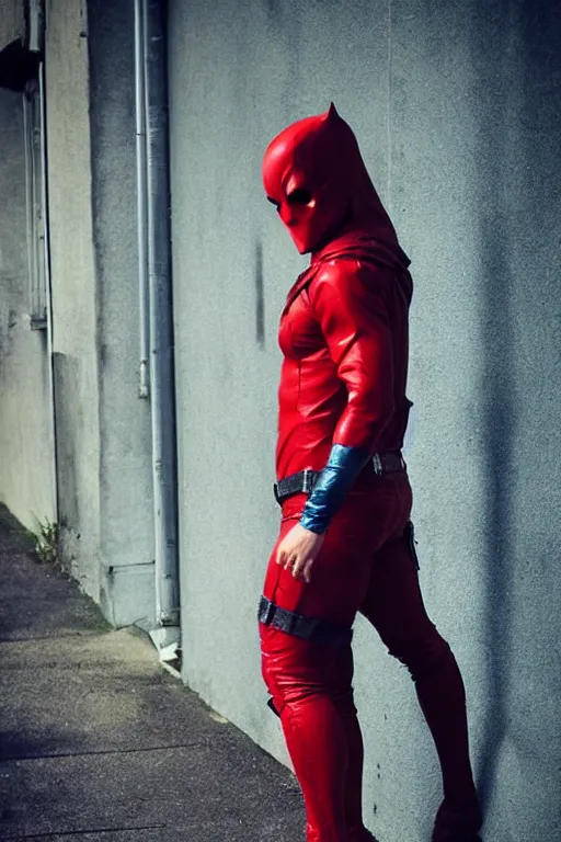 Image similar to red hood cosplay, creepy, disturbing, bloody, darkness, grainy, urban, jeans