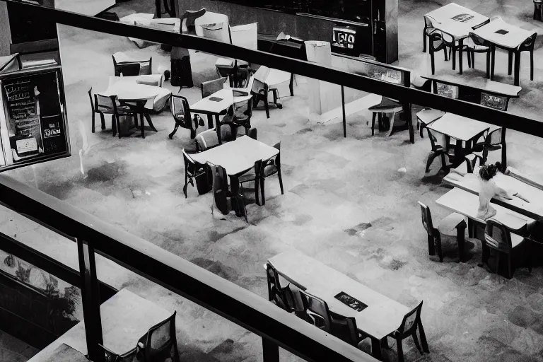 Prompt: a lion destroying furniture, empty fast food restaurant lobby, overhead view, surveillance, black and white, grainy image,