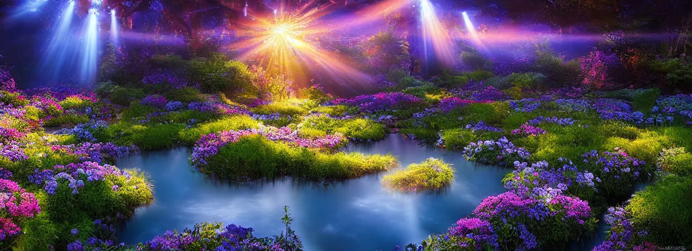 Image similar to photograph of enchanted garden, blue pond in the middle, with rays of light, flowers with intricate detail, by marc adamus, highly detailed, intricate detail, cinematic lighting