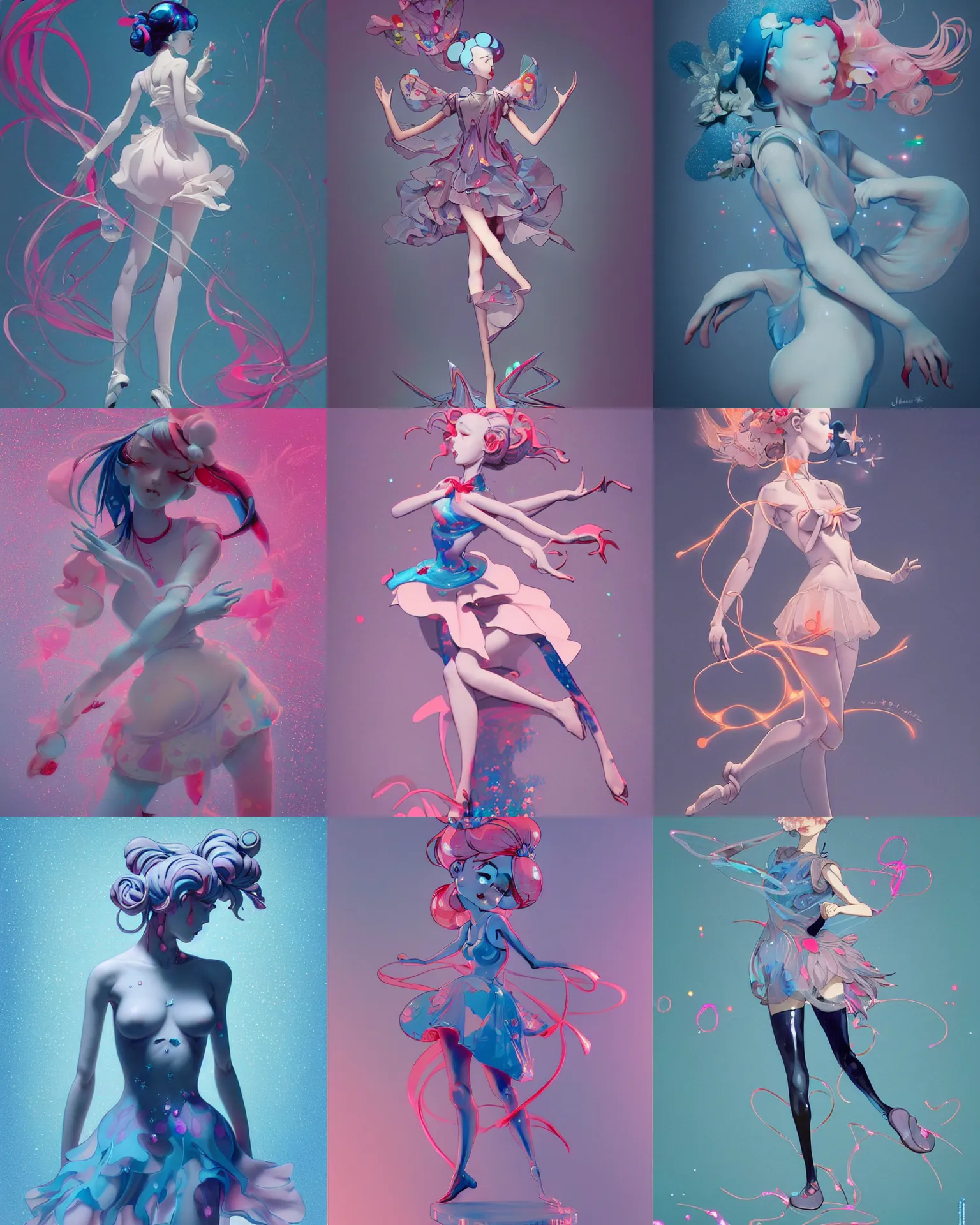 Prompt: james jean isolated vinyl figure voluptuous cheerful magical girl character design, figure photography, dynamic pose, holographic undertones, motion shapes color design, glitter accents on figure, anime stylized, sharp focus, accurate fictional proportions, high delicate defined details, ethereal lighting, editorial awarded