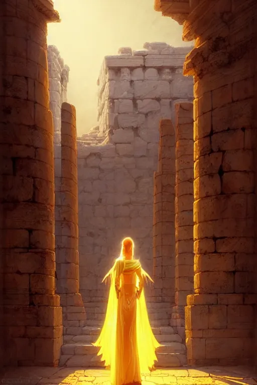 Image similar to possessed woman wearing an ancient greek tunic made of yellow paper, stephen bliss, unreal engine, fantasy art by greg rutkowski, rhads, ferdinand knab, makoto shinkai and lois van baarle, ilya kuvshinov, rossdraws, tom bagshaw, global illumination, radiant light, ancient greek temple ruins, red blue color theme