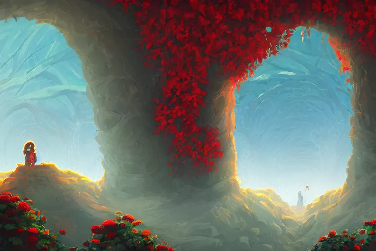 Prompt: pixel art by lois van baarle of broken arches leading to the pillars of eternity draped with red flowers and vines, blue sky, lens flare, a sense of mystery, cinematic, ultra detailed, intricate, sharp focus, trending on artstation, 8K