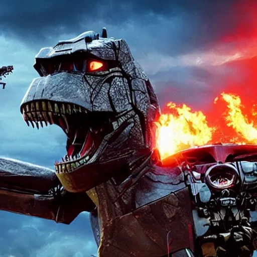 Image similar to T-Rex transformer, Michael Bay, cinematic, imax,