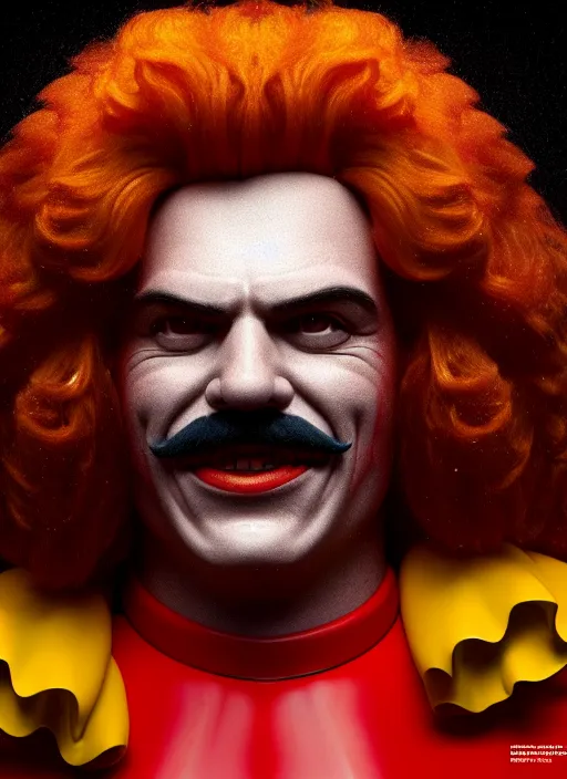 Image similar to portrait of Pedro Sanchez as Ronald McDonald, perfect facial symmetry + dim volumetric lighting, 8k octane beautifully detailed render, post-processing, extremely hyperdetailed, intricate, epic composition, grim yet sparkling atmosphere, cinematic lighting + masterpiece, trending on artstation