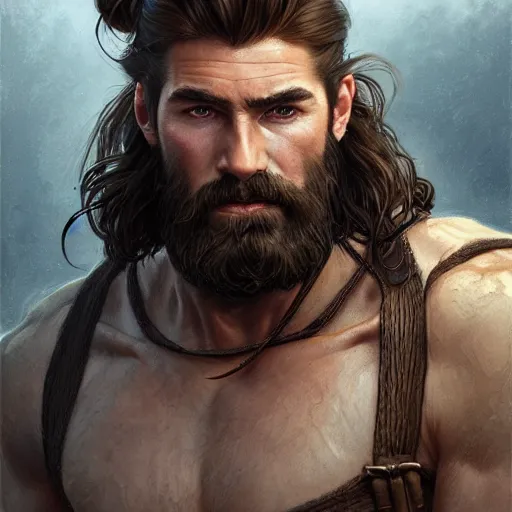 Image similar to portrait of a young, ruggedly handsome ranger, muscular, man bun, half body, leather, hairy, d & d, fantasy, intricate, elegant, highly detailed, digital painting, artstation, concept art, smooth, sharp focus, illustration, art by artgerm and greg rutkowski and alphonse mucha