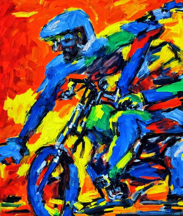 Prompt: expressionist painting of walter white on a motorbike, dynamic perspective, expressionist, colorful, clean