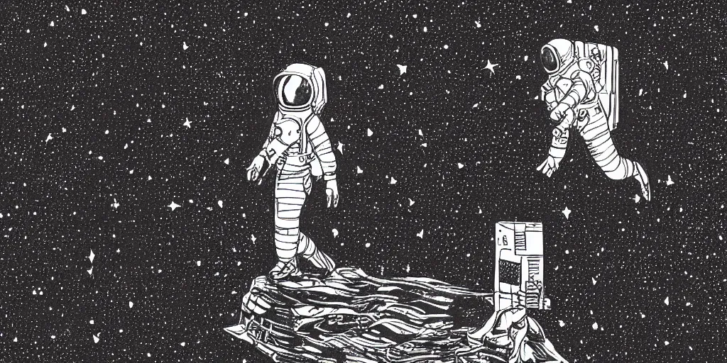 Image similar to ink lineart drawing of a lone female astronaut floating in the distance, small, space, wide angle, space background, artstation, etchings by goya, chinese brush pen, illustration, high contrast, deep black tones contour