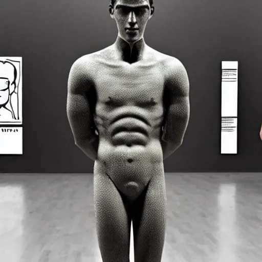 Image similar to “a realistic detailed photo of a guy who is an attractive humanoid who is half robot and half humanoid, who is a male android, Oklahoma Stare University college wrestler Daton Fix, shiny skin, posing like a statue, blank stare, at the museum, on display”