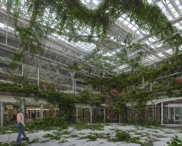 Prompt: an abandoned shopping mall, overgrown by trees, flower, vines, hyperrealistic, highly detailed, intricate, cgsociety, artstation