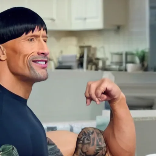 Image similar to dwayne johnson wearing a bowl cut wig still shot from cooking show 4k