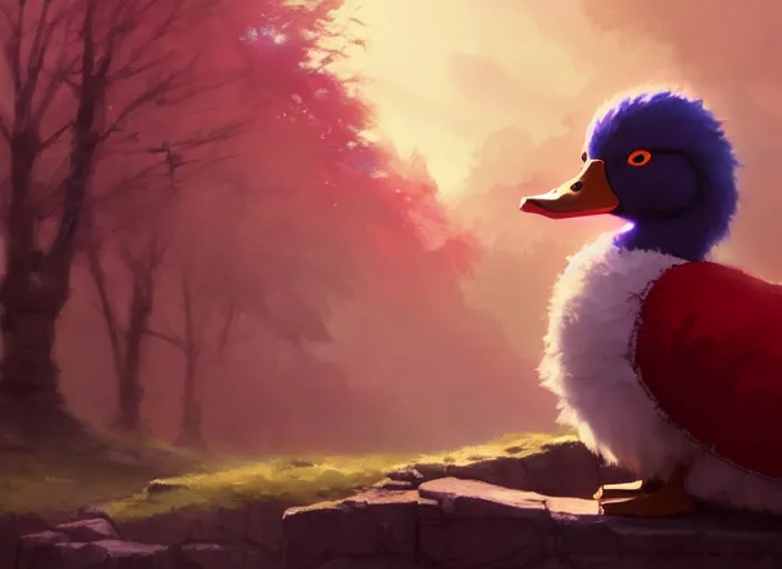 Image similar to cute fluffy mallard duck wearing red cultist robe, details, fantasy, epic, ancient sacrificial altar, landscape illustration concept art anime key visual trending pixiv fanbox by wlop and greg rutkowski and makoto shinkai and studio ghibli and kyoto animation symmetrical facial features