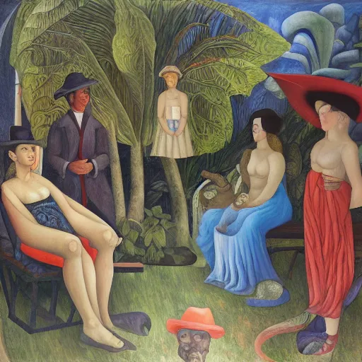 Image similar to high quality, high detail painting, renaissance, nan goldin, film noir, diego rivera, high garden scene with quetzalcoatl, hd, muted lighting