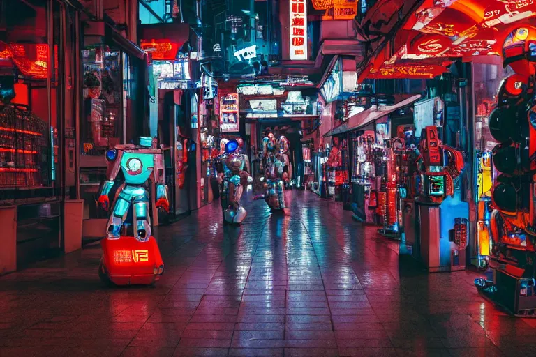 Image similar to robots doing fast shopping in the market, cyberpunk city, photography, 4k, HD, detailed, night, award winning