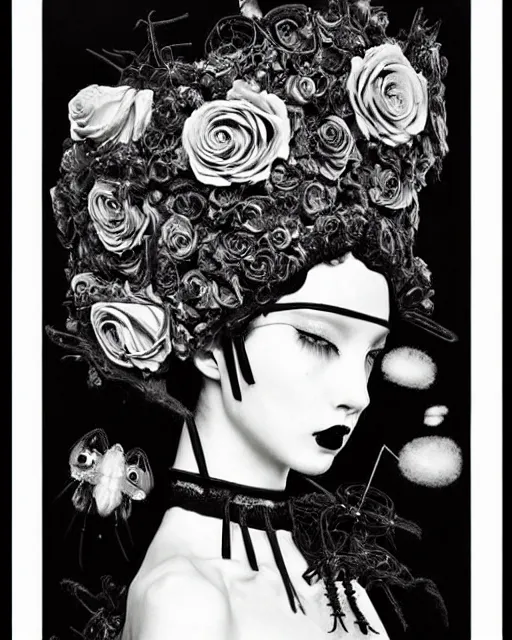 Prompt: dreamy surreal poetic black and white lithography of a beautiful young porcelain female-cyborg-vegetal with a very long neck and a super big gothic lace collar filled with dead flies and a very high big floral crown with many black dry roses by Vivienne Westwood:: smoke, high fashion, haute couture, rococo, avant-garde, elegant, dreamy, hyper realistic, 150 mm lens, soft rim light, octane render, unreal engine, volumetric lighting, dramatic light,8k,