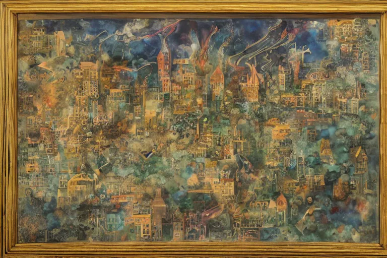 Image similar to an elaborate and dense painting of the future, made of alcohol ink on parchment