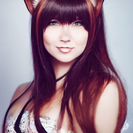 Image similar to face portrait, catgirl cosplayer, professional lighting, rim lighting, dark background, 8 5 mm f / 1. 4, studio photography by jil greenberg