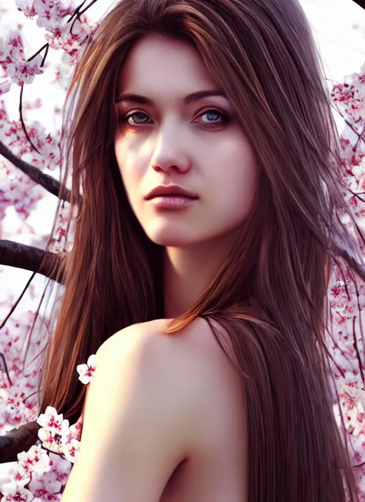 Image similar to photo of a gorgeous female with messy hair in the style of stefan kostic, realistic, body shot, sharp focus, 8 k high definition, insanely detailed, intricate, elegant, art by stanley lau and artgerm, cherry blossoms