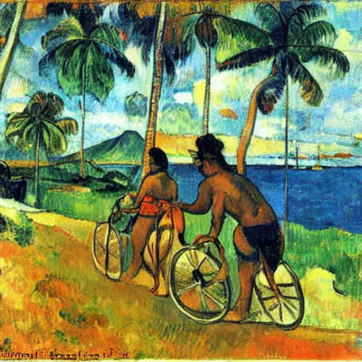 Prompt: painting of a bicycle in french polynesia by gauguin