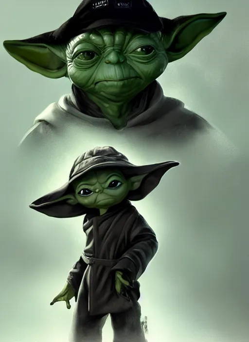 Image similar to Yoda wearing a black puffer jacket, wearing a baseball cap, elegant, digital painting, concept art, smooth, sharp focus, illustration, from StarCraft by Ruan Jia and Mandy Jurgens and Artgerm and William-Adolphe Bouguerea