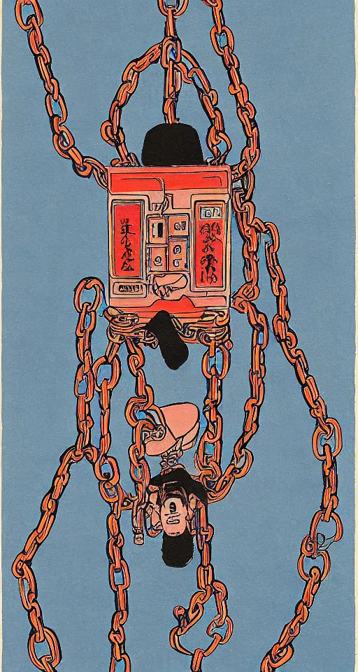 Prompt: a robot hanging by his feet in chains upside down peacefully, beautiful coloured Japanese ink painting inspired by the hanged man tarot card, soft lines, psychedelic