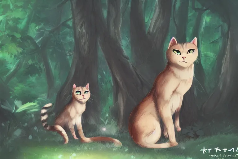 Prompt: a cat in the forest, trending on artstation, trending on furaffinity, digital art, by kawacy, anime, furry art, warm light, backlighting, cartoon, concept art