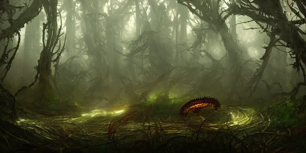 Prompt: giant centipede in futuristic spiritual mystical post apocalyptic forest by ron gilbert, dim painterly volumetric aquatic lighting, beautiful, crisp, artstation, highly detailed