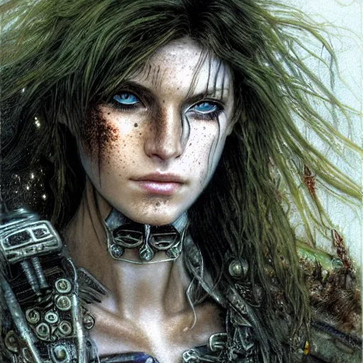 Prompt: an award finning closeup facial portrait by luis royo and john howe of a very beautiful and attractive female bohemian cyberpunk traveller aged 1 9 with green eyes and freckles in clothed in excessively fashionable cyberpunk gear and wearing ornate warpaint