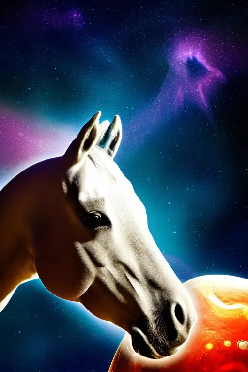 Prompt: astonaut horse, wearing space helmet, floating in space, nebulas and stars in background, space photography, ultrarealistic, sharp focus, intricate, ultra high definition, ultra resolution details, no duplicate, proportional, shadow effect, baroque environment