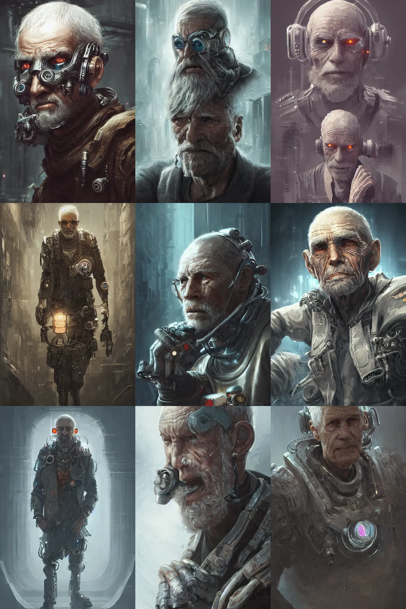 Image similar to ultrarealistic illustration old man cyborg, cyberpunk, sci - fi fantasy, intricate, elegant, highly detailed, digital painting, artstation, concept art