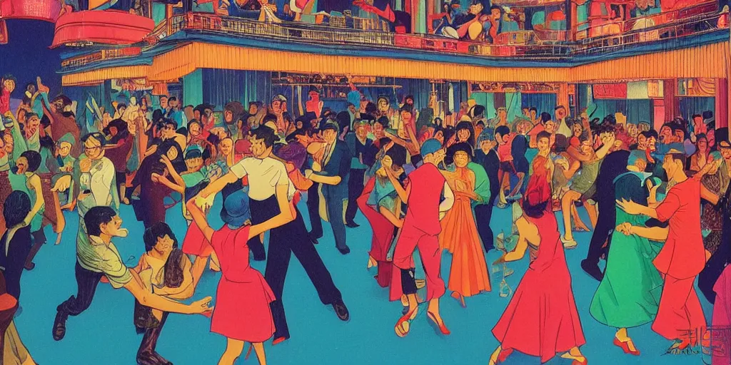 Image similar to a crowd of people dancing underneath a disco ball, risograph by ernie barnes, kawase hasui, rex goreleigh, edward hopper, satoshi kon and moebius,, no text!, colorful flat surreal design, super - detailed, a lot of tiny details, fullshot