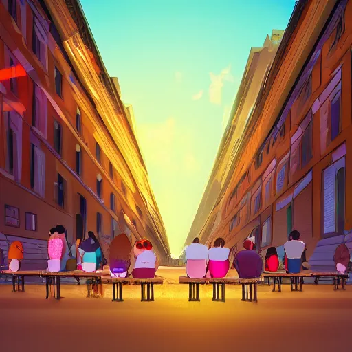 Image similar to people sitting in rows of school desks in the middle of a city street, first person view from back row, dreamy atmosphere, high quality digital art