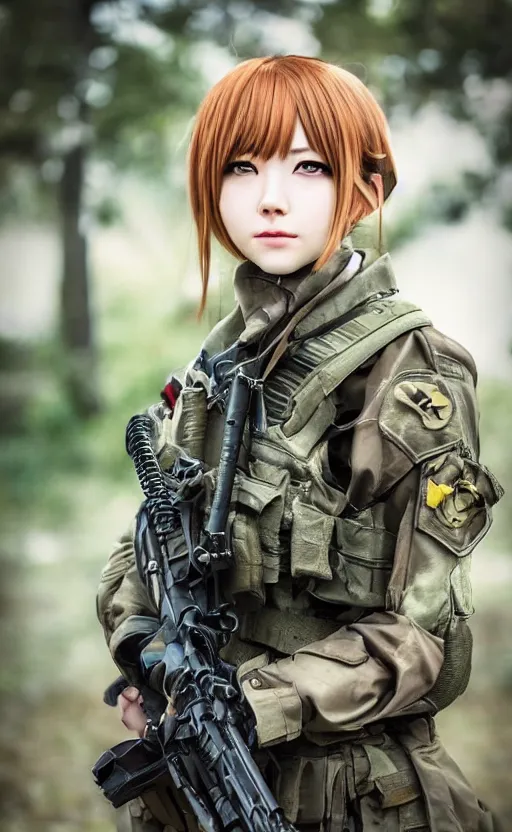 Image similar to portrait photo, highly detailed, high resolution, cosplay photo, stunning, girls frontline style, bokeh soft, 100mm, trending on instagram, by award winning photographer, realistic human anatomy, real human faces, realistic military carrier, soldier clothing, modern warfare, empty hands, shot with a canon, low saturation, soldier clothing