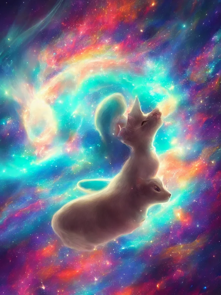 Prompt: celestial epic vibrant cinematic fantasy space image of a sparkling ethereal oceanic silky cosmic universe, cat made of the universe, celestial cosmos, nasa photos, artstation