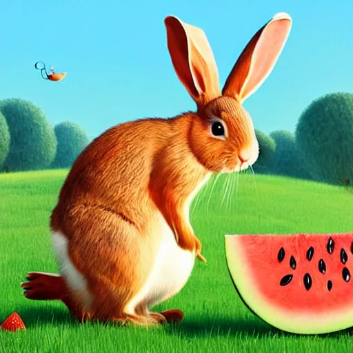 Image similar to a cute rabbit eating watermelon on the green meadow, a storybook illustration by goro fujita