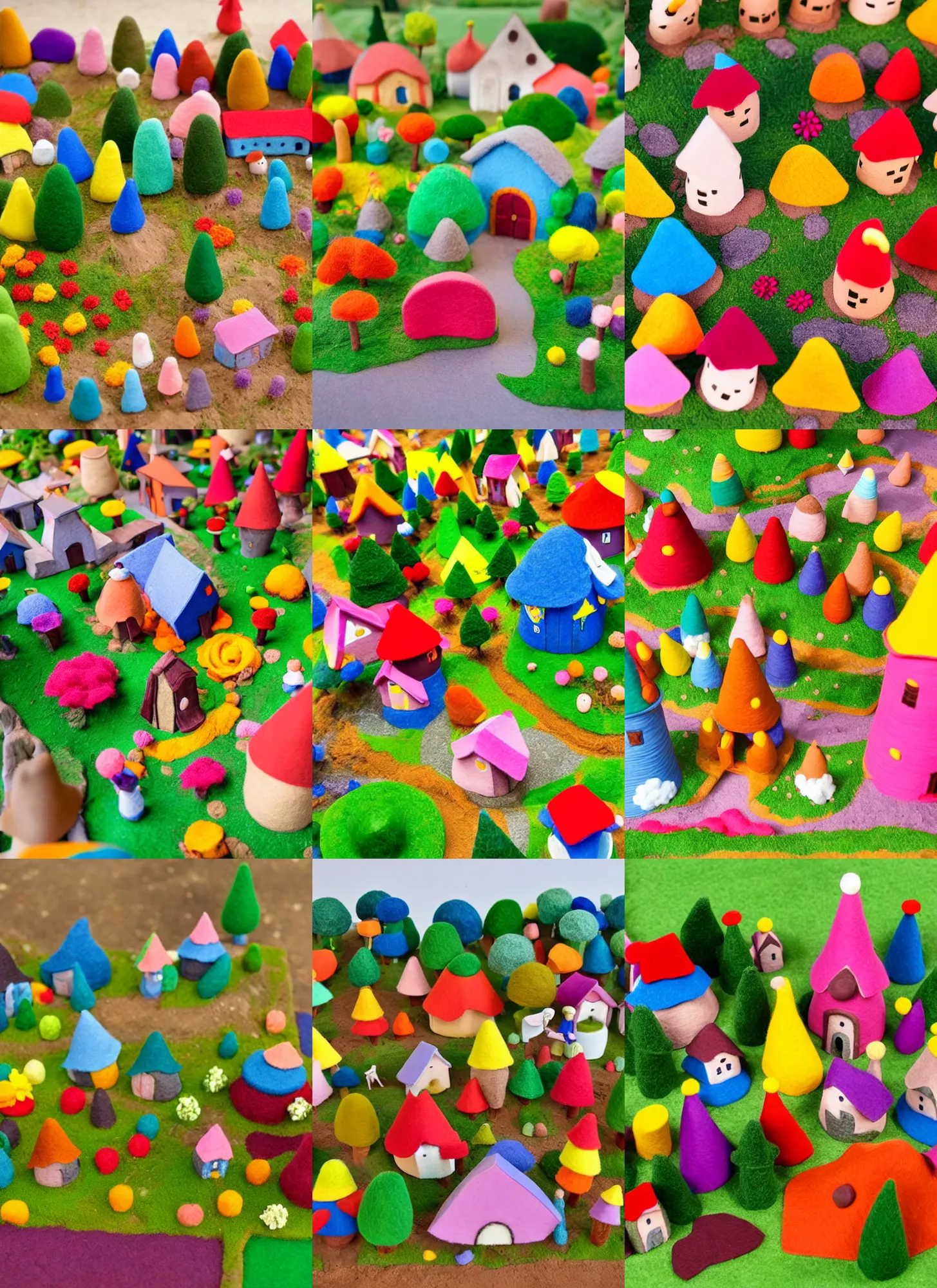 Prompt: cute colorful vibrant clay town with felt trees and flowers, happy gnome villagers on a farm, felt vegetables