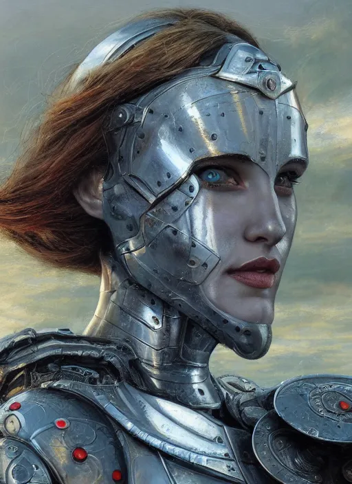 Image similar to symmetry! portrait of a beautiful biblical diabolical agile girl, in reflective porcelain cyborg armor, in clouds, cinematic studio light! windy, sunrise, by gerald brom, by mikhail vrubel, by peter elson, high contrast, muted colors, extreme detail, trending on artstation, 8 k