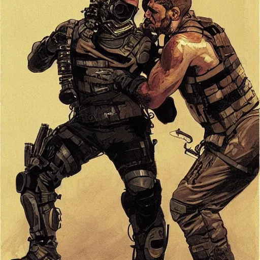 Prompt: blackops operator choking out a guard. rb6s, MGS, and splinter cell Concept art by James Gurney, Alphonso Mucha. Vivid color scheme.