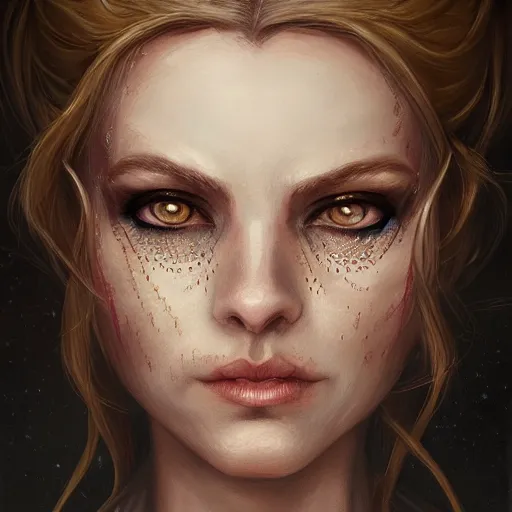 Image similar to a detailed matte head - on portrait painting of an middle - aged half - tiefling noblewoman with golden eyes and short well kept hair, by charlie bowater, lise deharme, wlop, tending on arstation, dungeons and dragon, dnd, pathfinder, fanart, oil on canvas