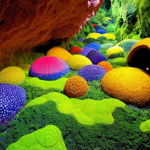 Prompt: a colorful fungus garden in a cave, birds eye view, hiroo isono, dark!!!!!, foggy, cavern, underground!!!!, beetles running through the moss, psychedelic, river running through it