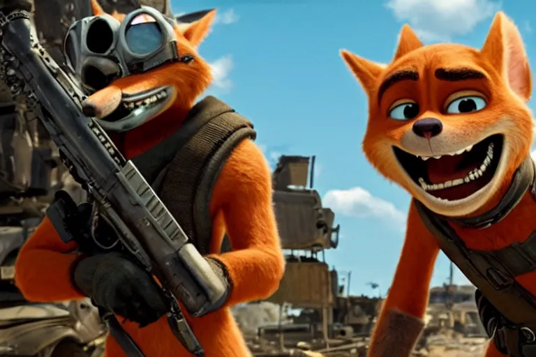 Image similar to nick wilde, heavily armed and armored facing down armageddon in a dark and gritty reboot from the makers of mad max : fury road